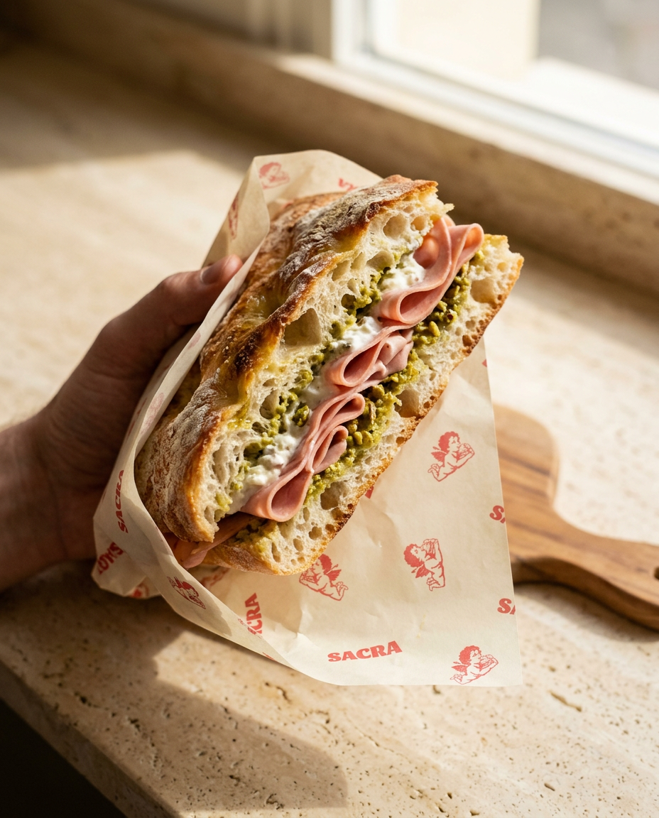 Focaccia toscana de mortadela y pistacho envuelta en el papel de SACRA